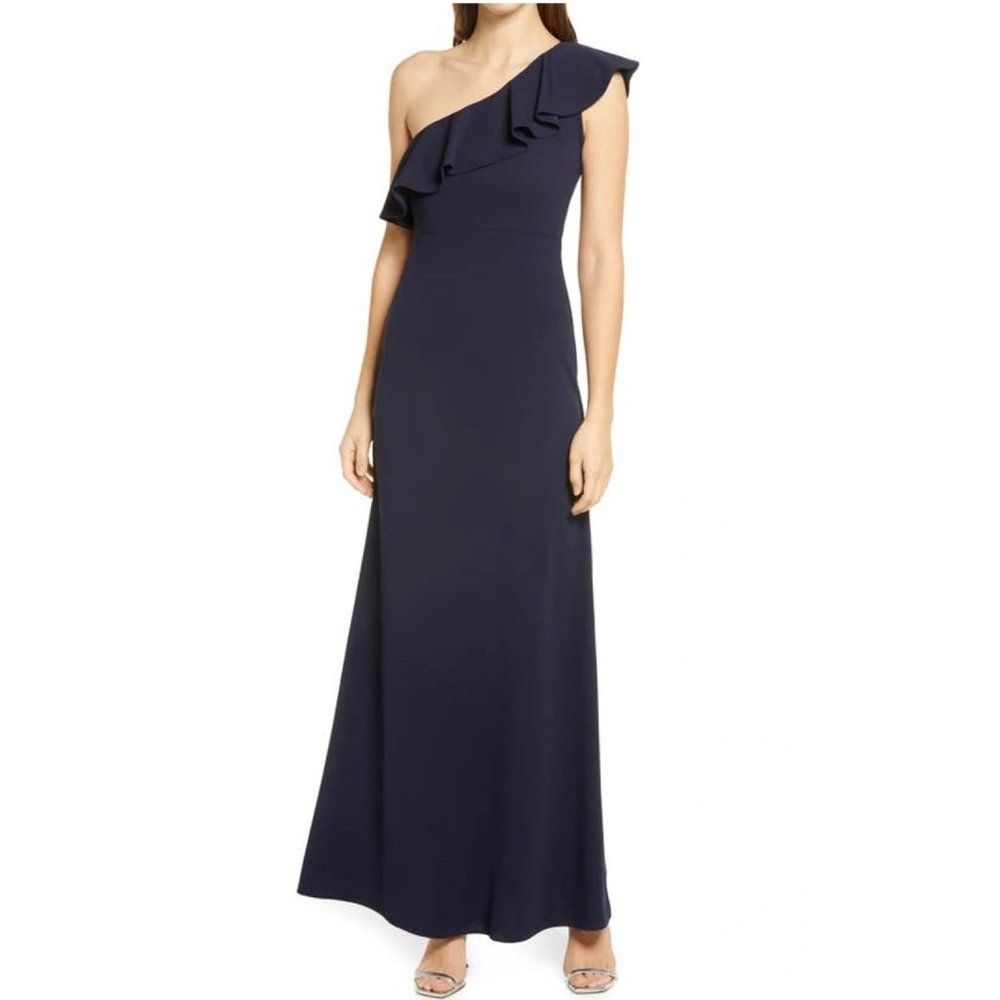 Lulus Navy Last Forever Ruffle One shoulder Trumpet Gown Sz Medium Formal Long